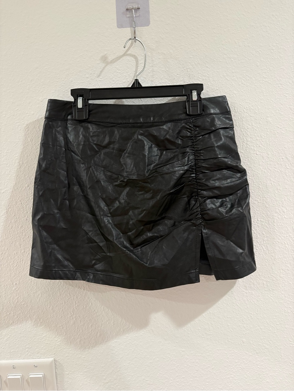 Cotton Candy LA Black Faux Leather Ruched Mini Skort with Front Slit